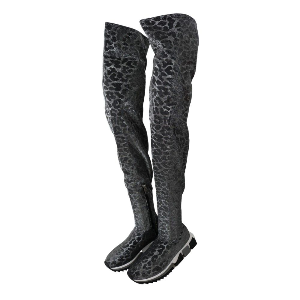 Dolce & Gabbana Elegante Leoparden-Stiefeletten über dem Knie Schuhe