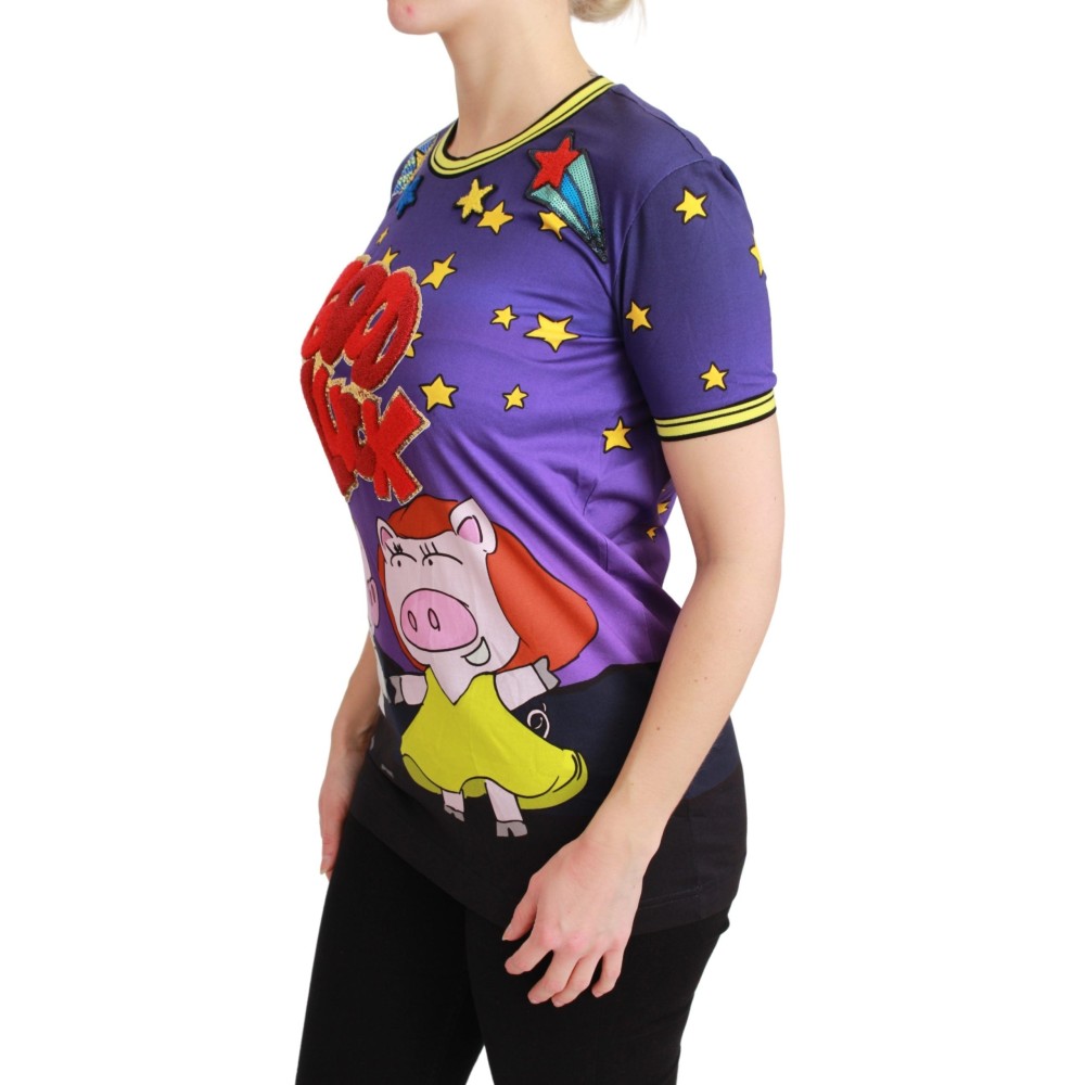Dolce & Gabbana Elegantes Motiv-T-Shirt mit Rundhalsausschnitt in Violett