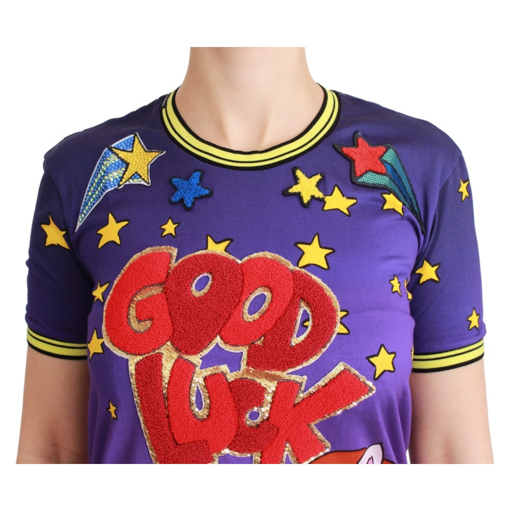 Dolce & Gabbana Elegantes Motiv-T-Shirt mit Rundhalsausschnitt in Violett