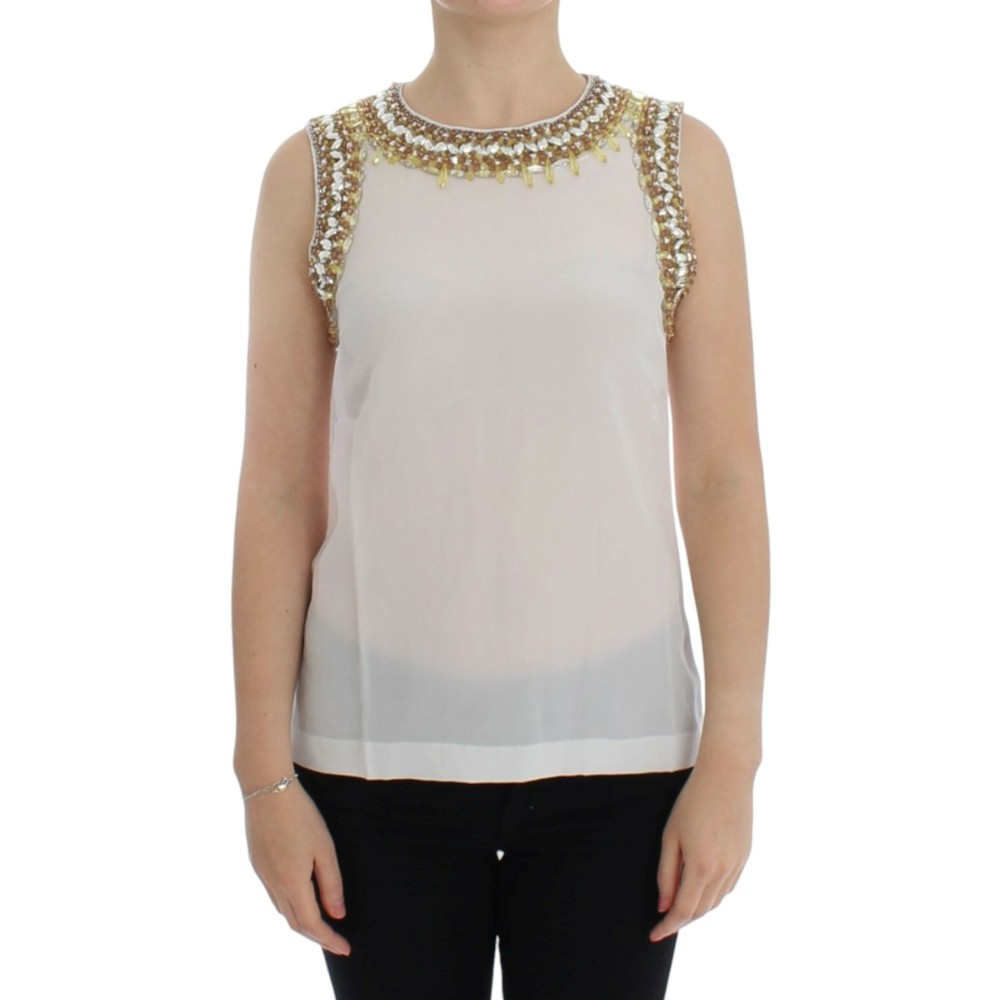 Dolce & Gabbana Elegante ärmellose Seidenbluse mit Kristall-Verzierung
