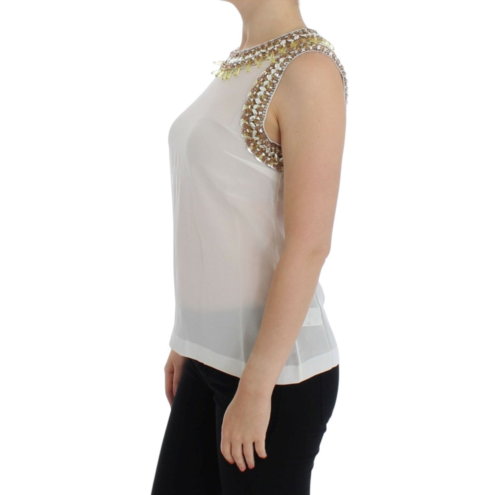 Dolce & Gabbana Elegante ärmellose Seidenbluse mit Kristall-Verzierung