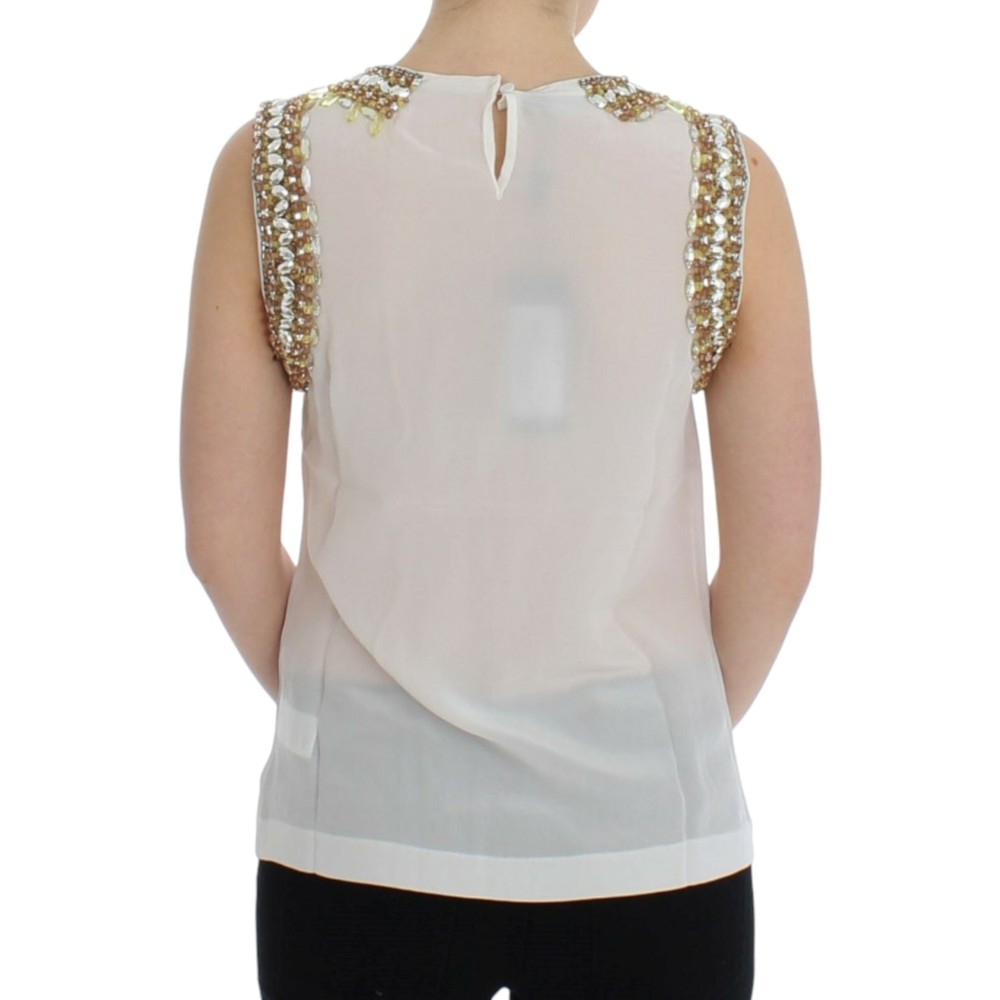 Dolce & Gabbana Elegante ärmellose Seidenbluse mit Kristall-Verzierung