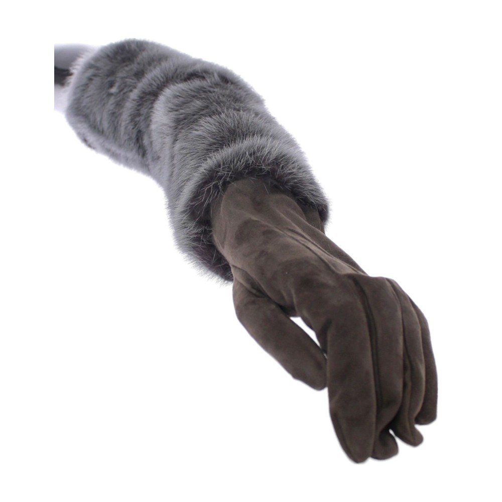 Dolce & Gabbana Elegante Graue Nerz Pelz Leder Ellenbogen Handschuhe