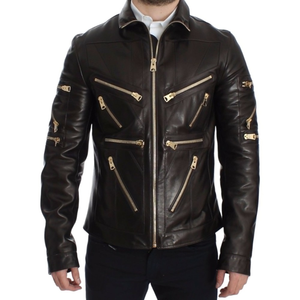 Dolce & Gabbana Elegante Braun-Gold-Detail-Lederjacke