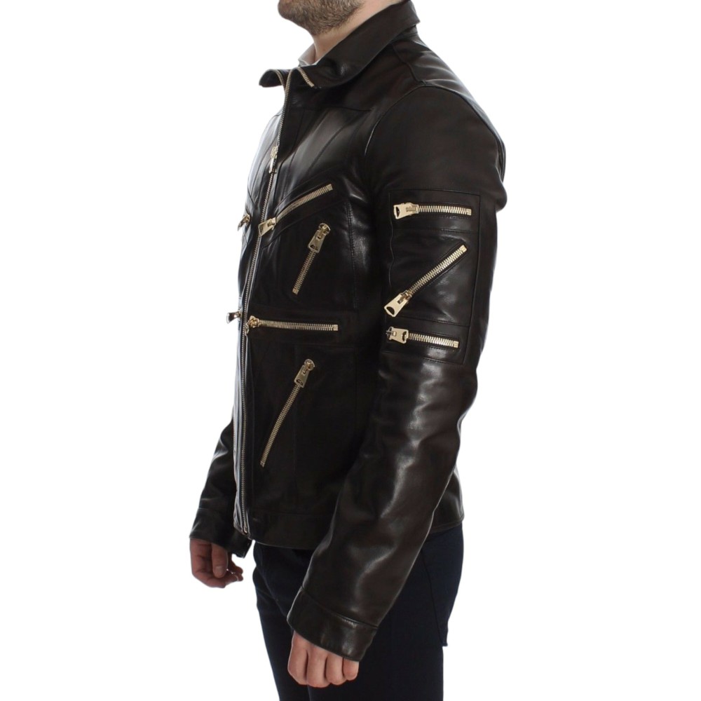 Dolce & Gabbana Elegante Braun-Gold-Detail-Lederjacke