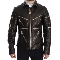 Dolce & Gabbana Elegante Braun-Gold-Detail-Lederjacke