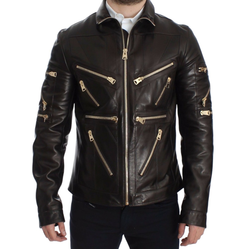 Dolce & Gabbana Elegante Braun-Gold-Detail-Lederjacke