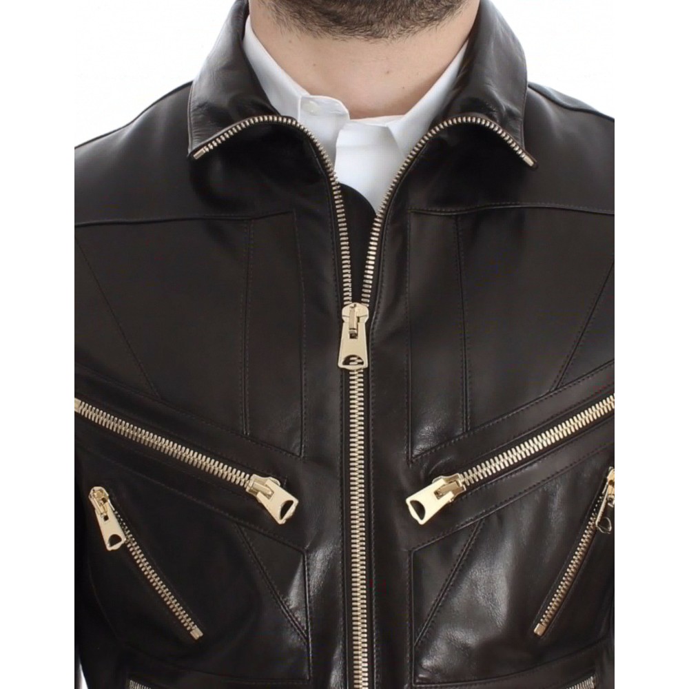 Dolce & Gabbana Elegante Braun-Gold-Detail-Lederjacke