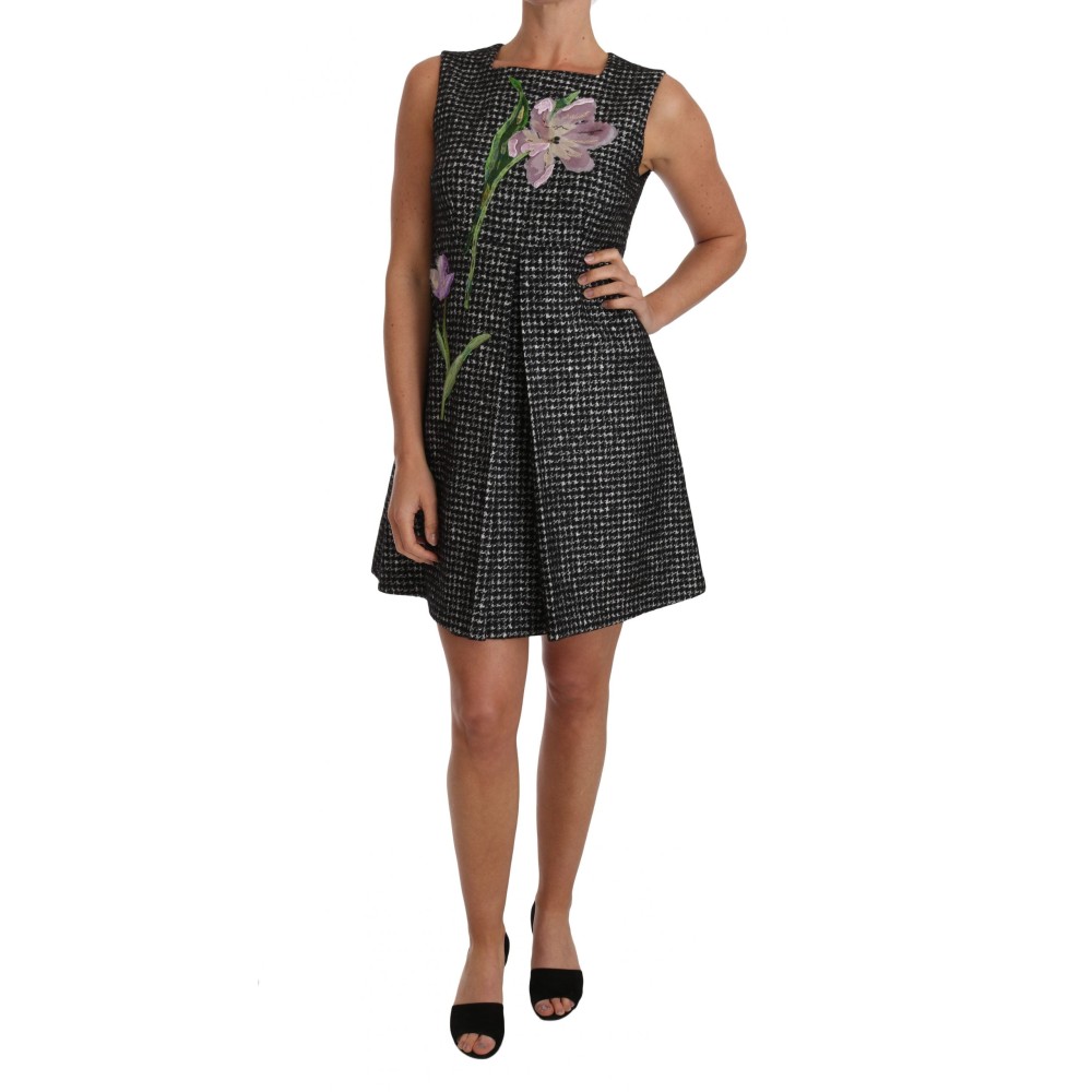 Dolce & Gabbana Elegantes Graues Mini A-Linien Kleid mit lila Tulpe