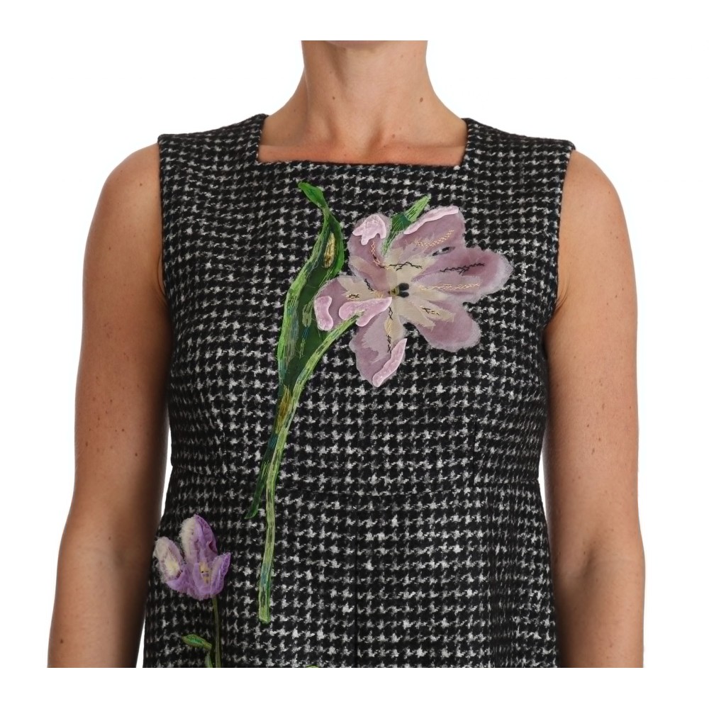 Dolce & Gabbana Elegantes Graues Mini A-Linien Kleid mit lila Tulpe