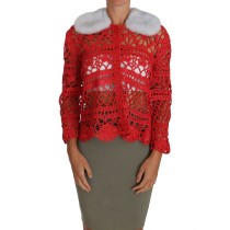 Dolce & Gabbana Elegante rote Häkel-Strickjacke mit Fellkragen