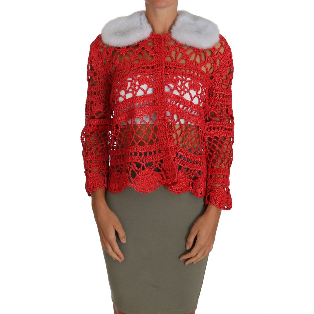 Dolce & Gabbana Elegante rote Häkel-Strickjacke mit Fellkragen