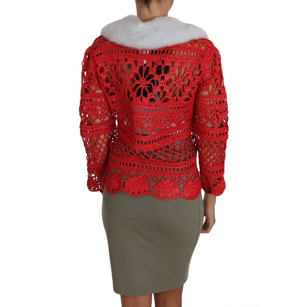 Dolce & Gabbana Elegante rote Häkel-Strickjacke mit Fellkragen