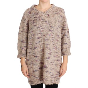 PINK MEMORIES Beige Strickpullover mit V-Ausschnitt in Übergröße