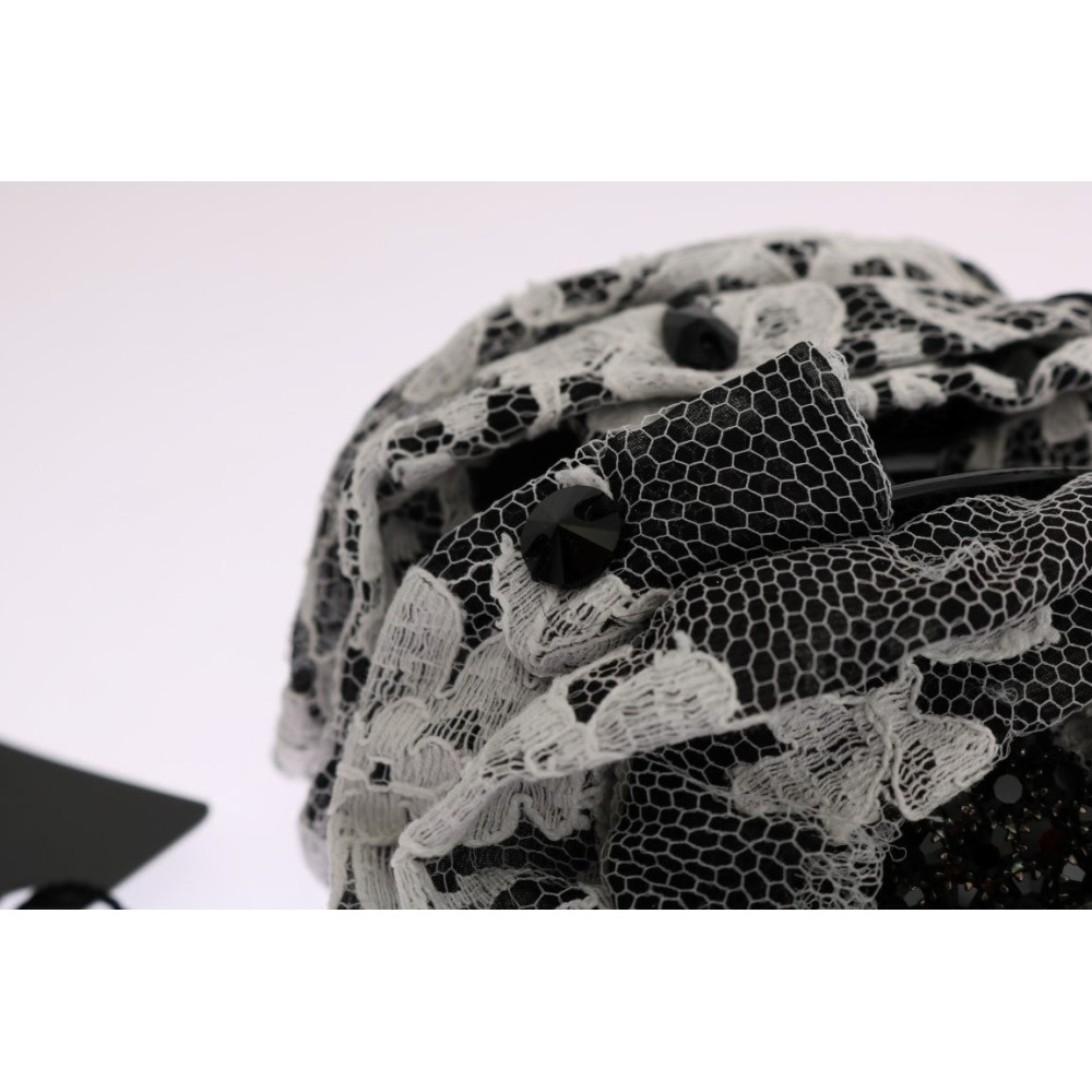Dolce & Gabbana Elegante Haarspange mit schwarzer und weißer Blumenspitze und Kristall