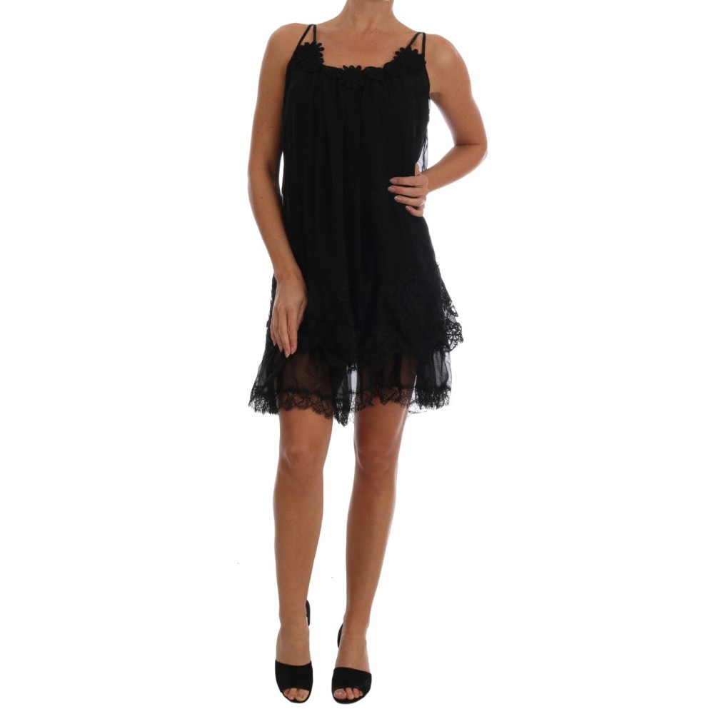 Dolce & Gabbana Elegantes schwarzes Seiden-Spitzen-Chemise-Kleid