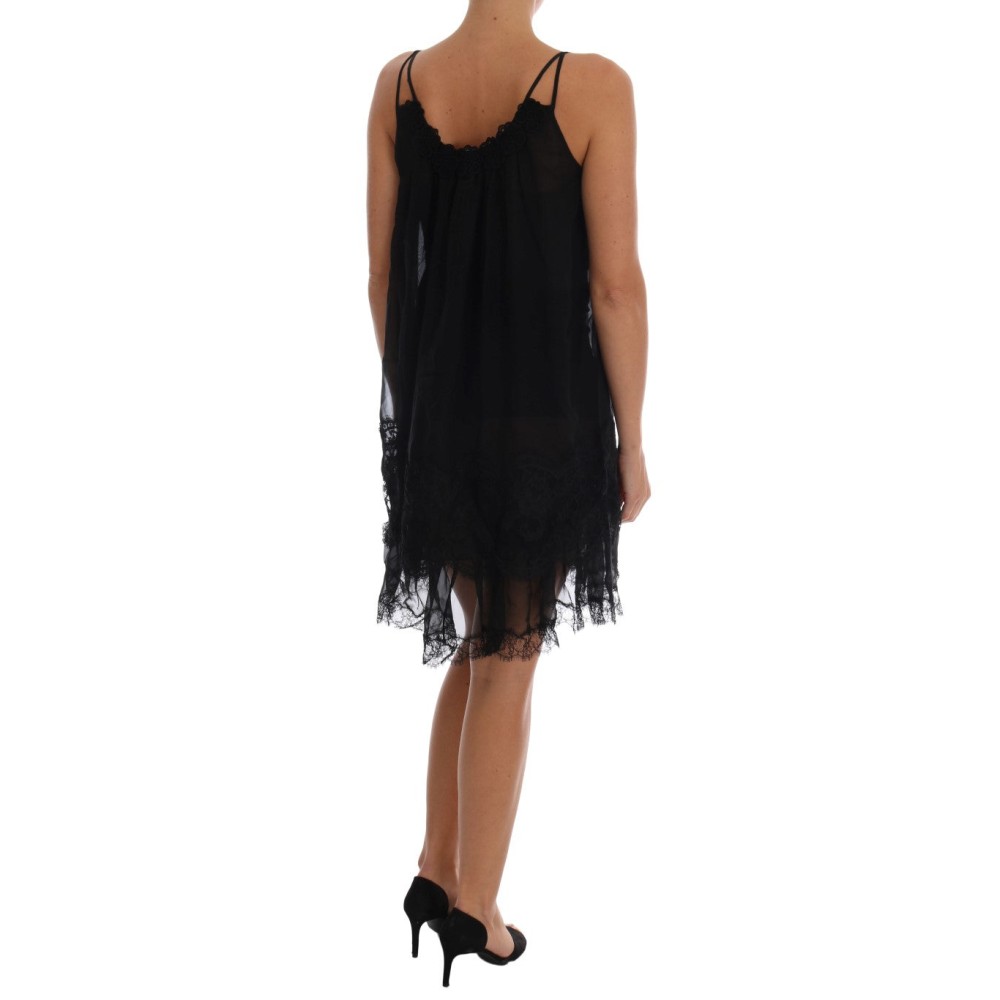 Dolce & Gabbana Elegantes schwarzes Seiden-Spitzen-Chemise-Kleid