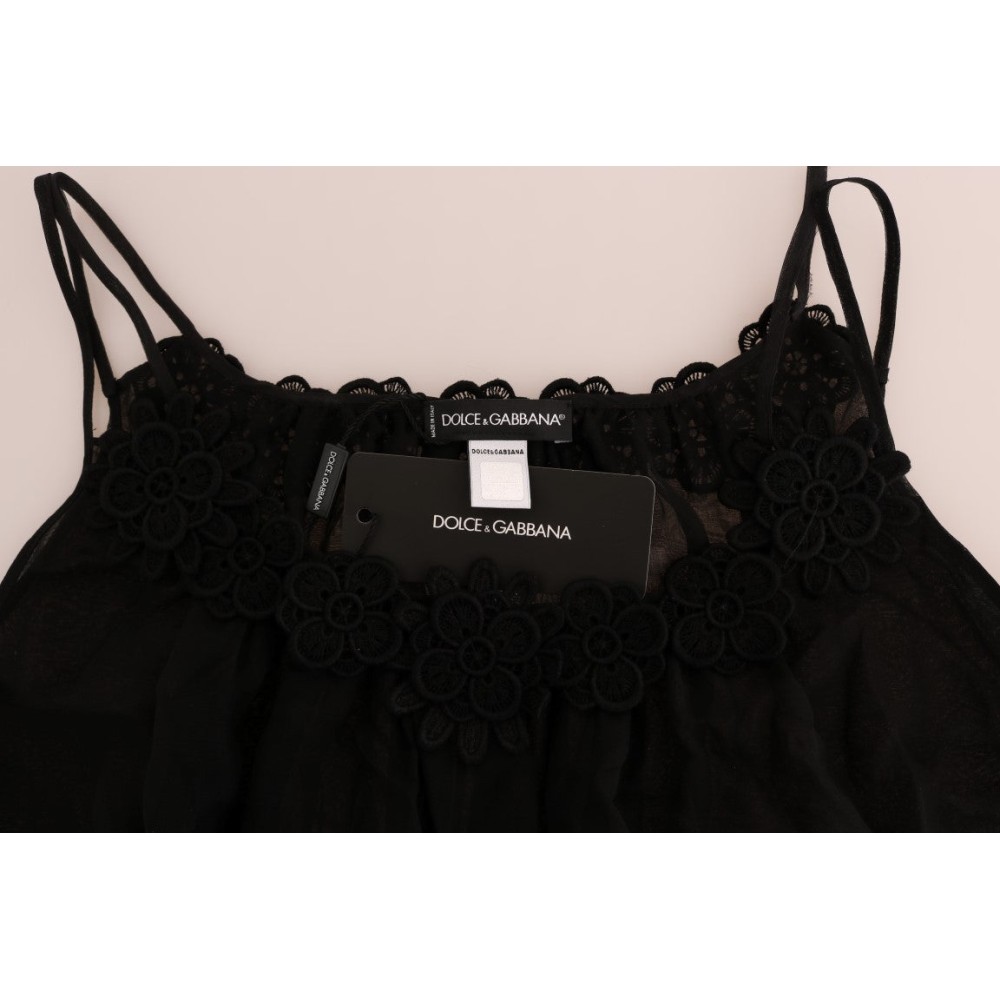 Dolce & Gabbana Elegantes schwarzes Seiden-Spitzen-Chemise-Kleid