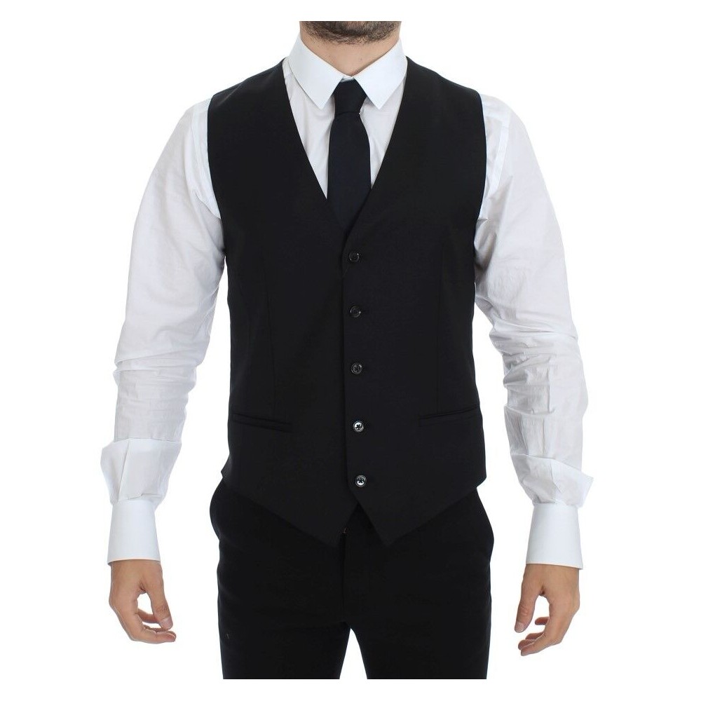 Dolce & Gabbana Elegantes Schwarzes Woll-Seiden-Kleid Weste