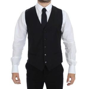 Dolce & Gabbana Elegantes Schwarzes Woll-Seiden-Kleid Weste