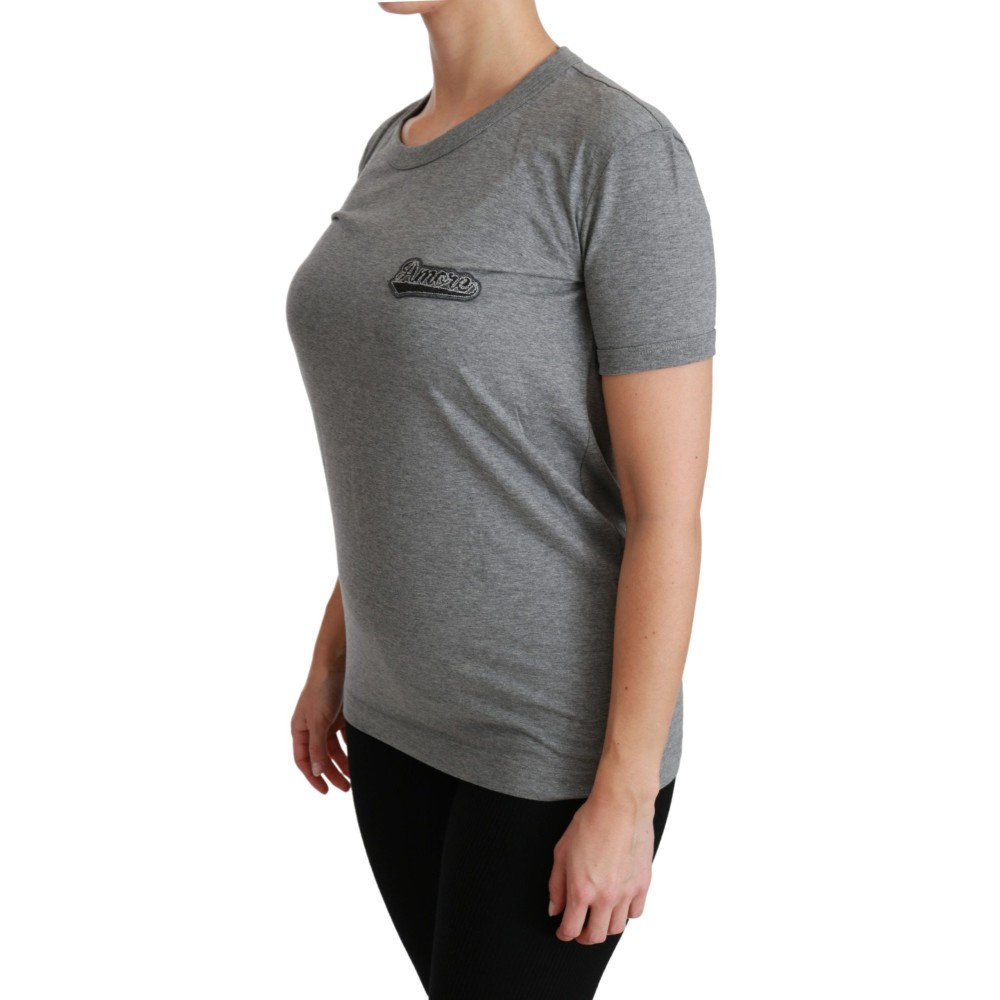 Dolce & Gabbana Schickes graues Amore Patch T-Shirt mit Rundhalsausschnitt
