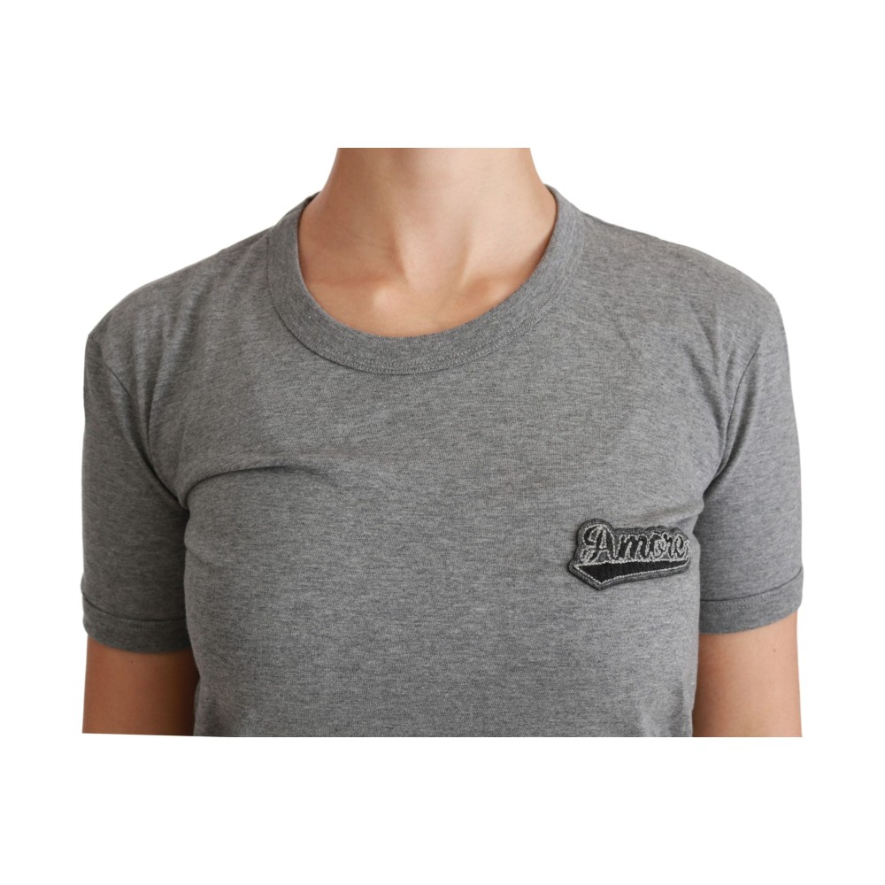 Dolce & Gabbana Schickes graues Amore Patch T-Shirt mit Rundhalsausschnitt