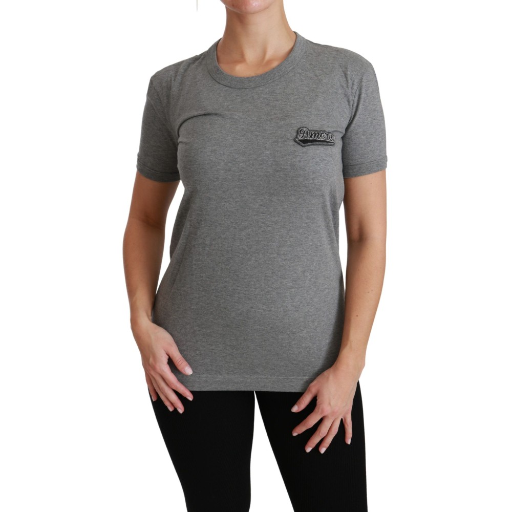 Dolce & Gabbana Schickes graues Amore Patch T-Shirt mit Rundhalsausschnitt