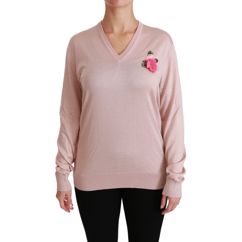 Dolce & Gabbana Rosa geblümter Seidenpullover mit V-Ausschnitt