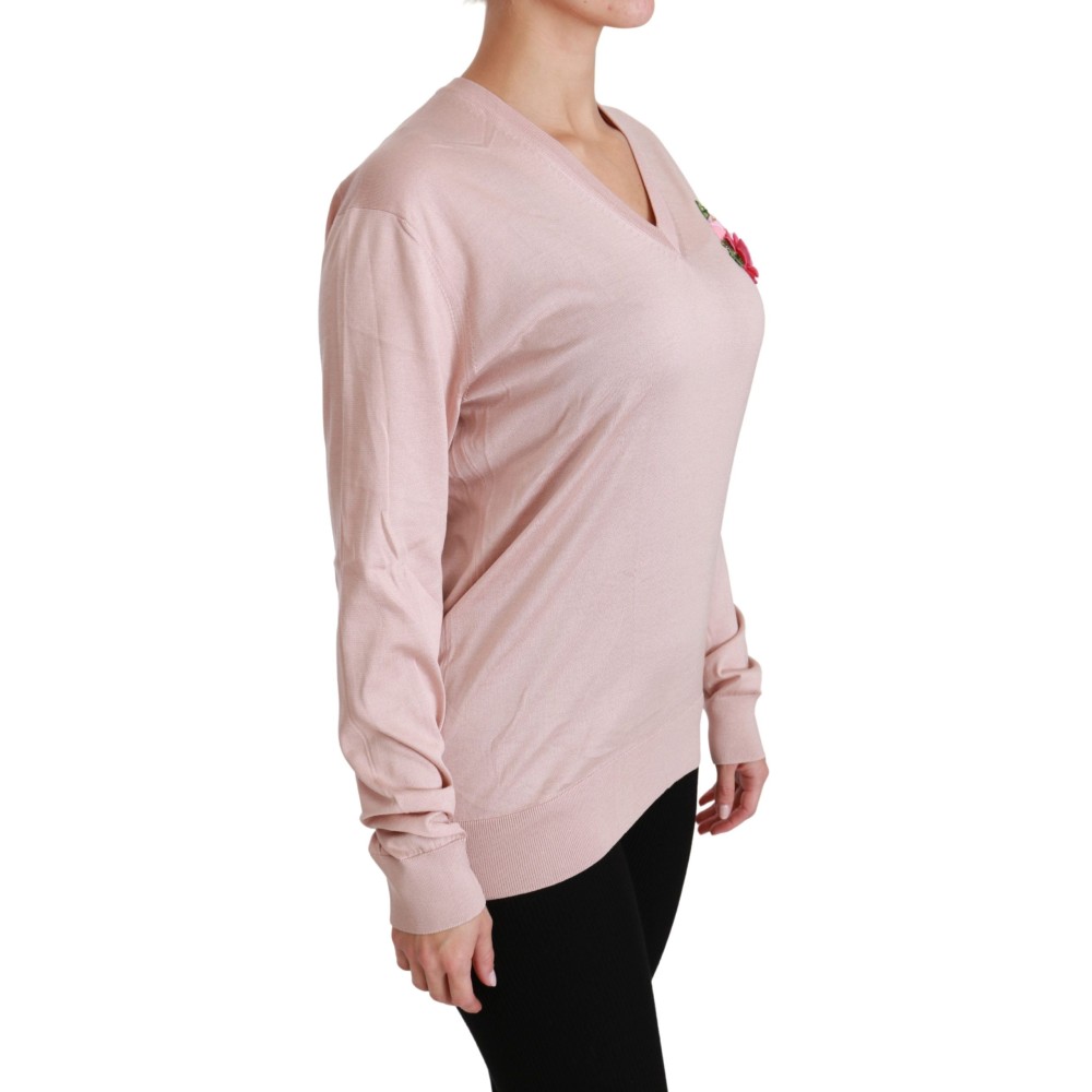Dolce & Gabbana Rosa geblümter Seidenpullover mit V-Ausschnitt