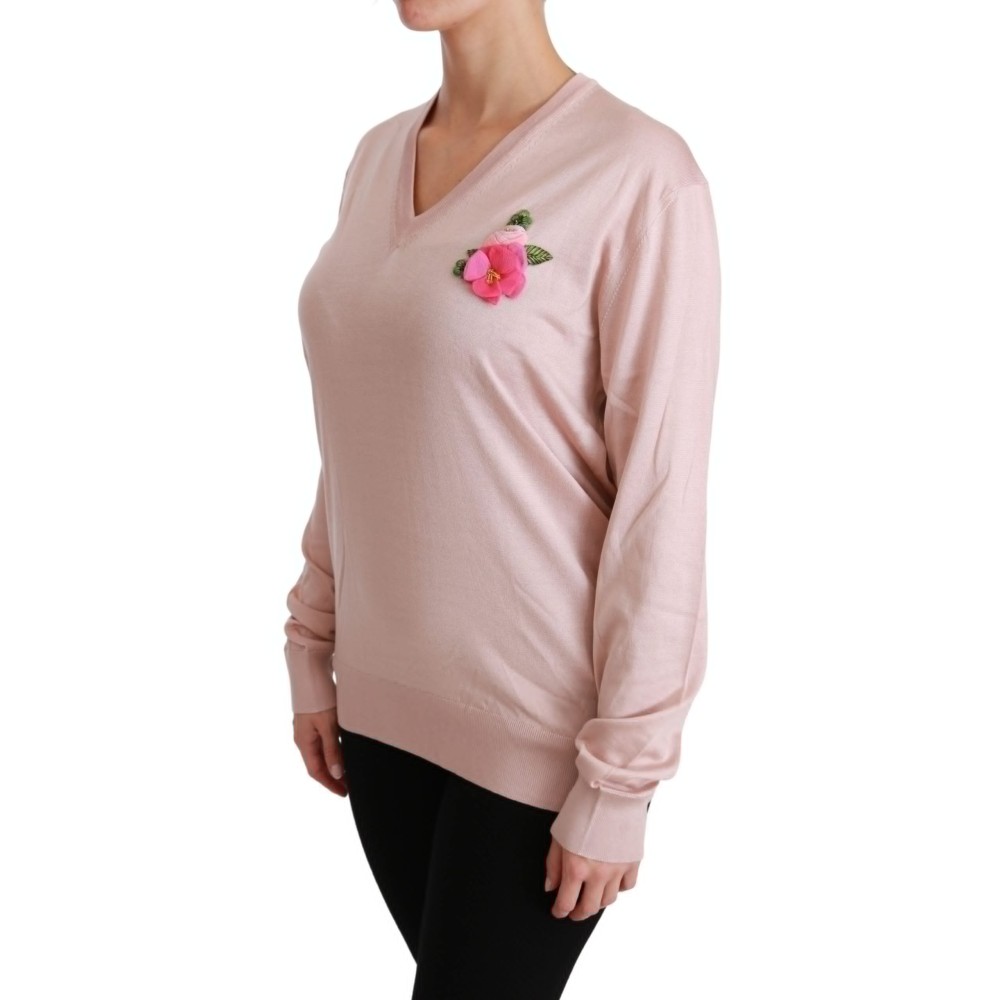 Dolce & Gabbana Rosa geblümter Seidenpullover mit V-Ausschnitt