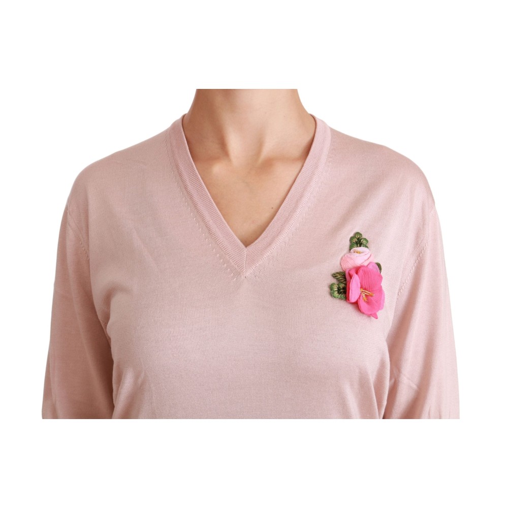 Dolce & Gabbana Rosa geblümter Seidenpullover mit V-Ausschnitt