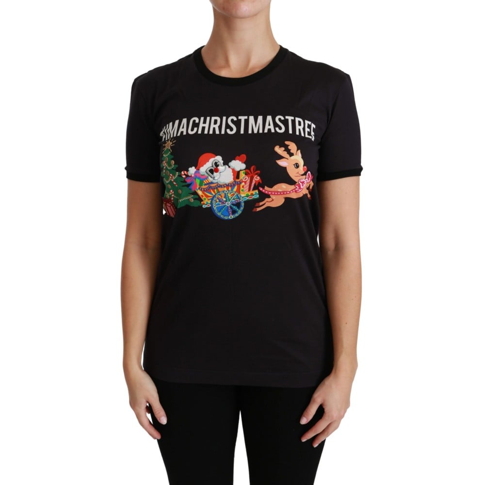 Dolce & Gabbana Schwarzes Baumwoll-T-Shirt mit Rundhalsausschnitt und einzigartigem Druck