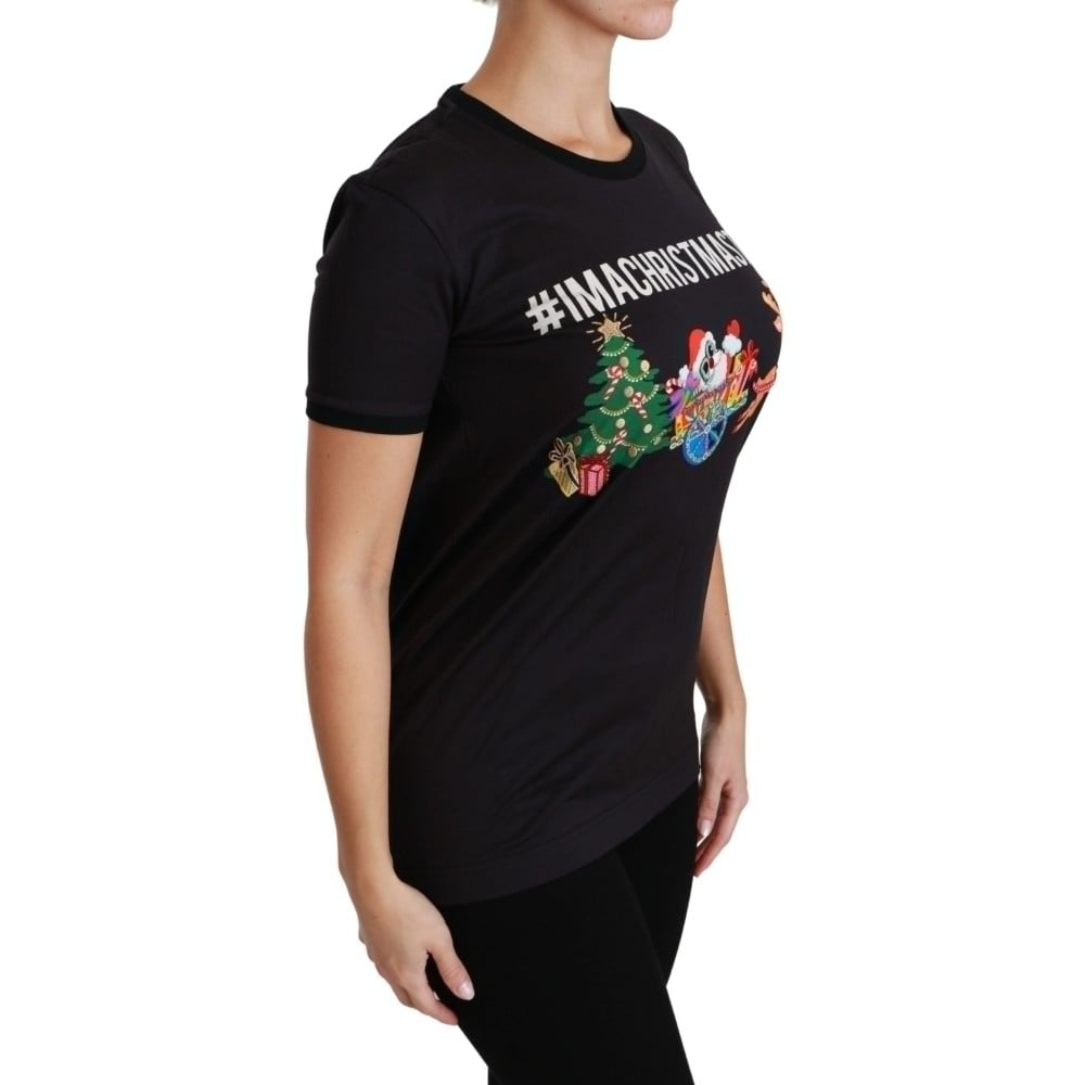 Dolce & Gabbana Schwarzes Baumwoll-T-Shirt mit Rundhalsausschnitt und einzigartigem Druck