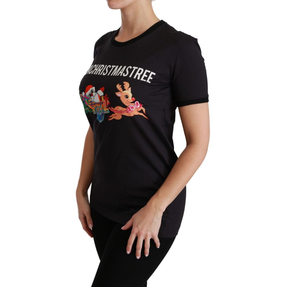 Dolce & Gabbana Schwarzes Baumwoll-T-Shirt mit Rundhalsausschnitt und einzigartigem Druck