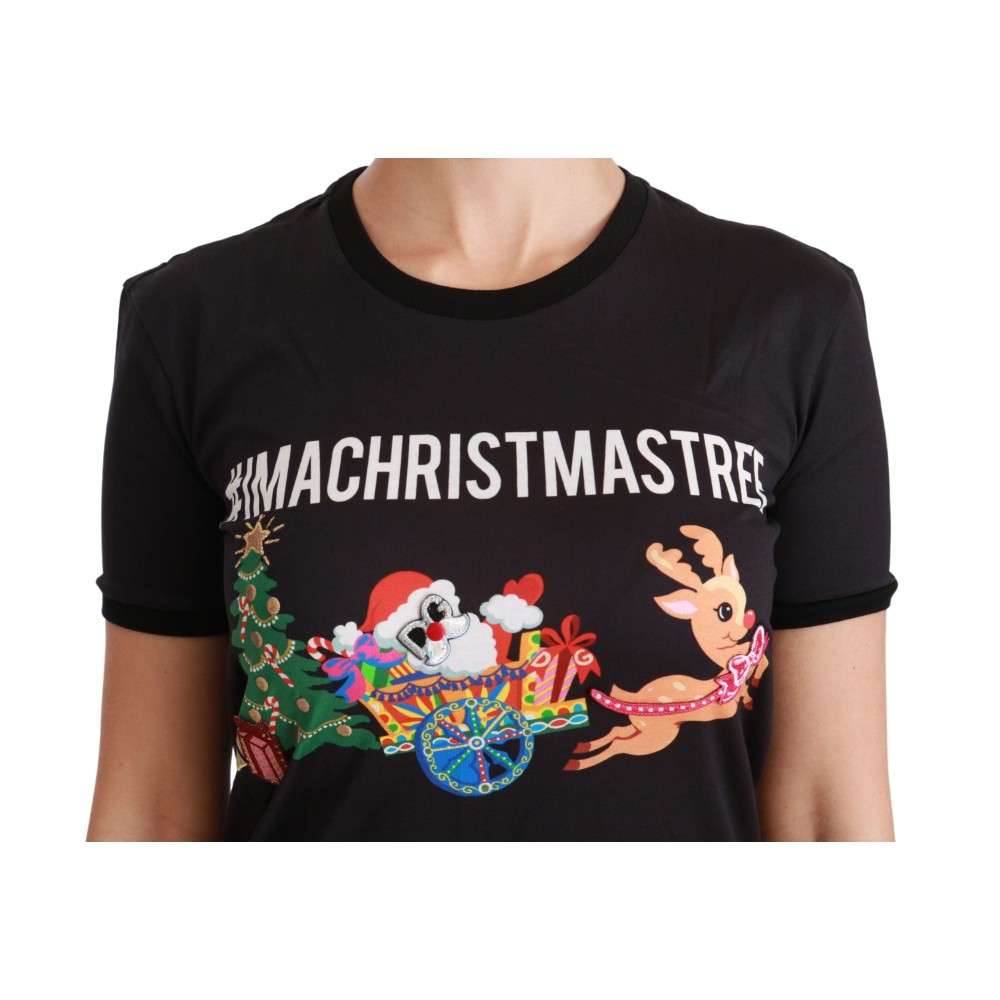 Dolce & Gabbana Schwarzes Baumwoll-T-Shirt mit Rundhalsausschnitt und einzigartigem Druck