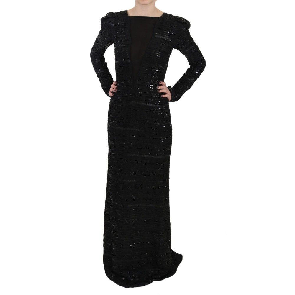 John Richmond Schwarzes Seidenmantel-Maxikleid mit Pailletten