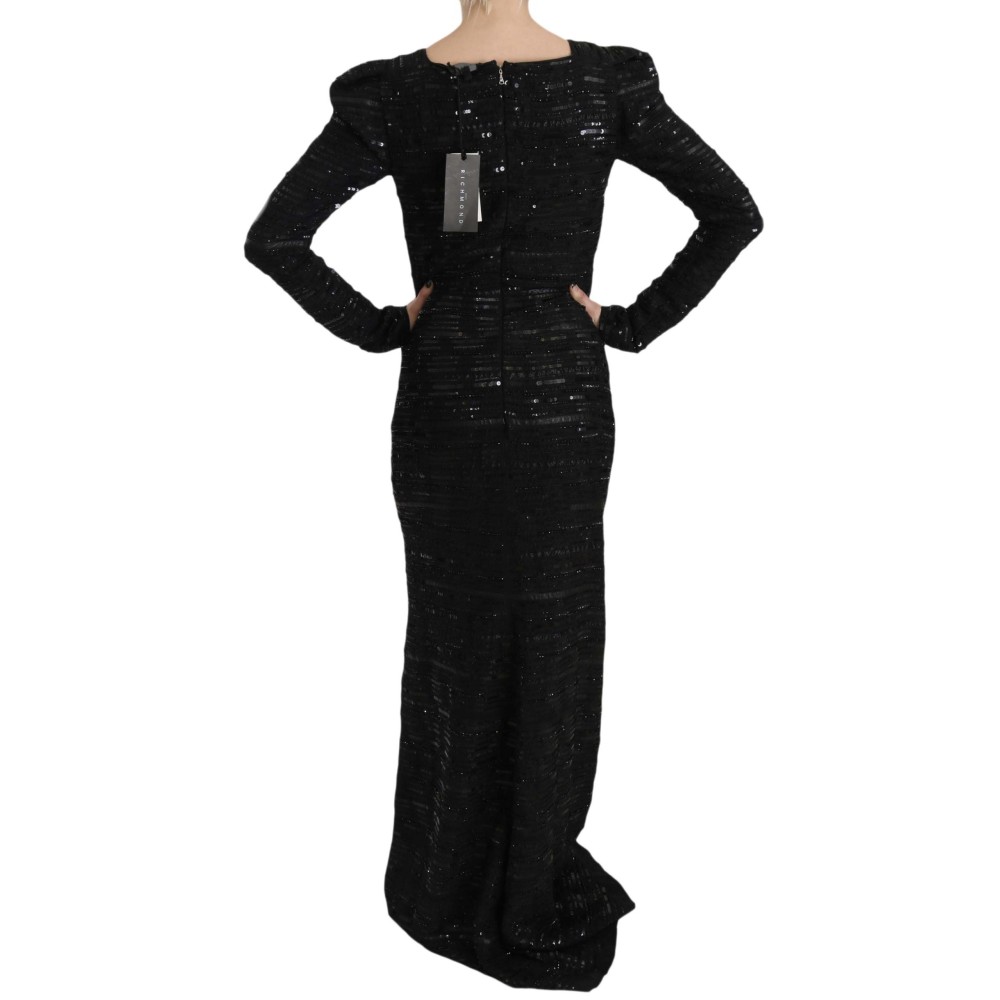 John Richmond Schwarzes Seidenmantel-Maxikleid mit Pailletten