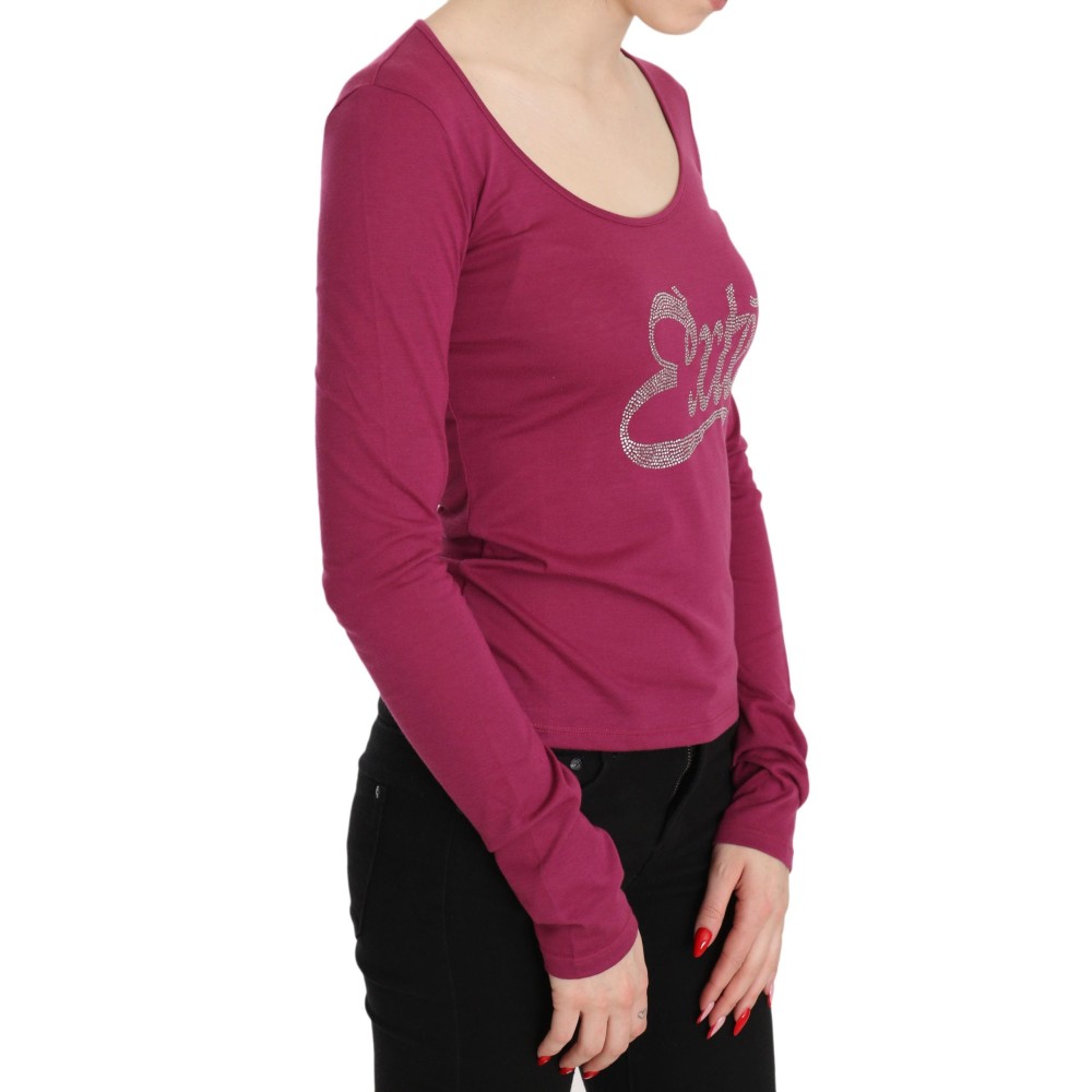 Exte Elegantes rosa kristallverziertes langärmeliges Top
