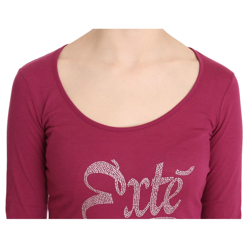 Exte Elegantes rosa kristallverziertes langärmeliges Top