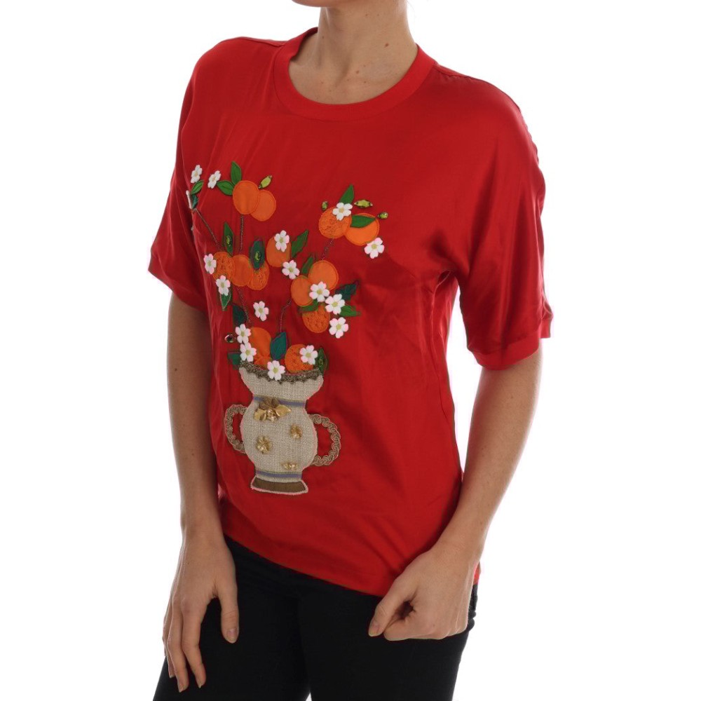 Dolce & Gabbana Rotes, floral besticktes Seidenoberteil Elegance