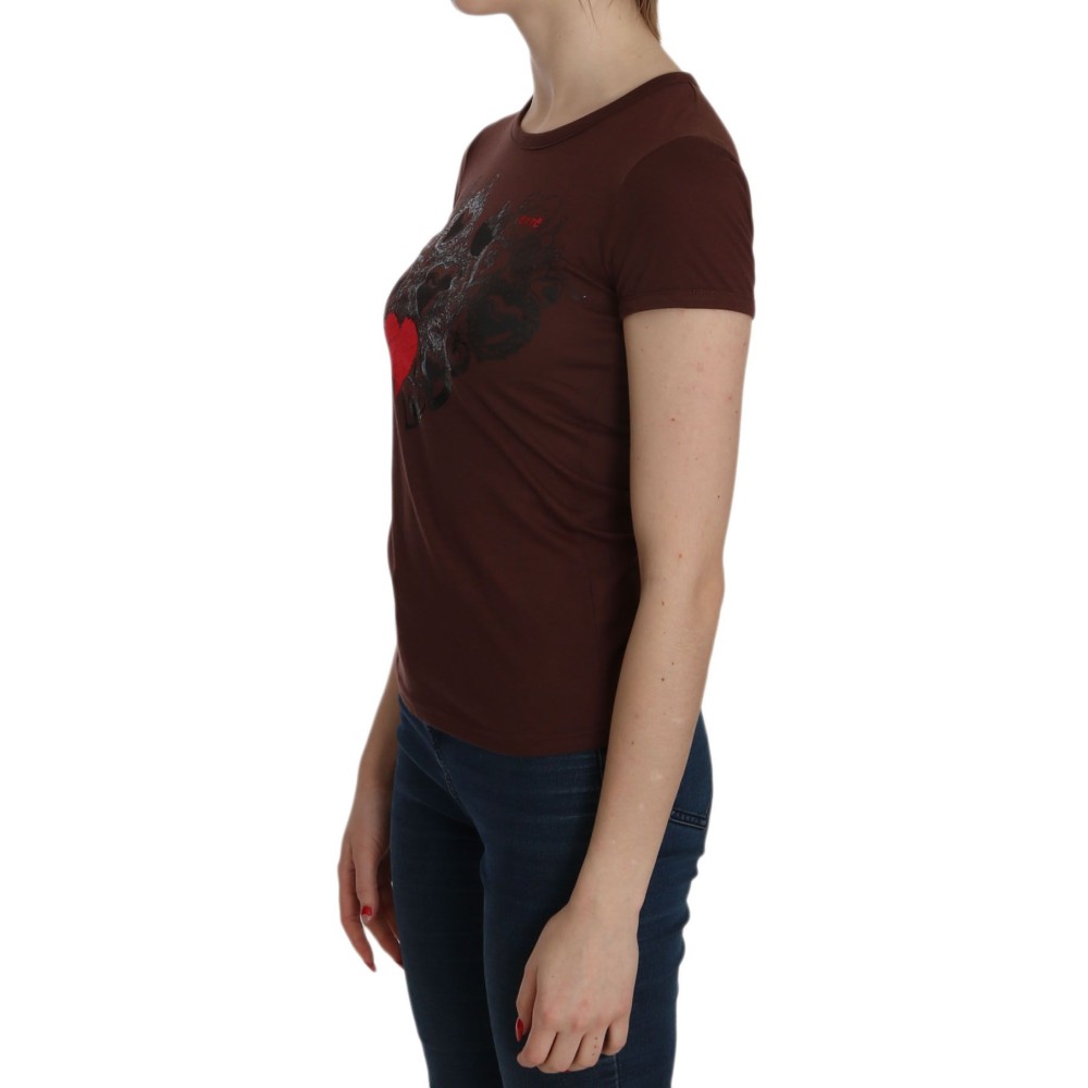 Exte Schickes braunes Herz-Druck-Crew-Neck-Top