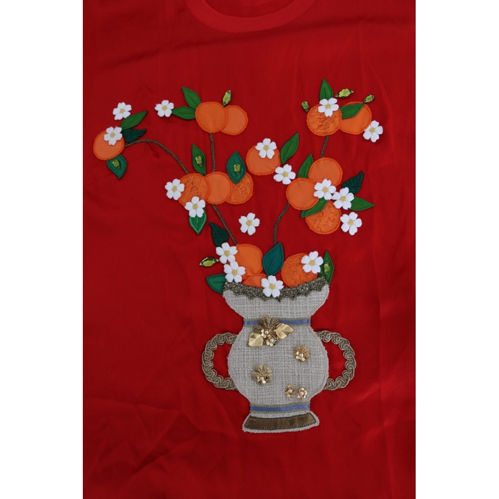 Dolce & Gabbana Rotes, floral besticktes Seidenoberteil Elegance