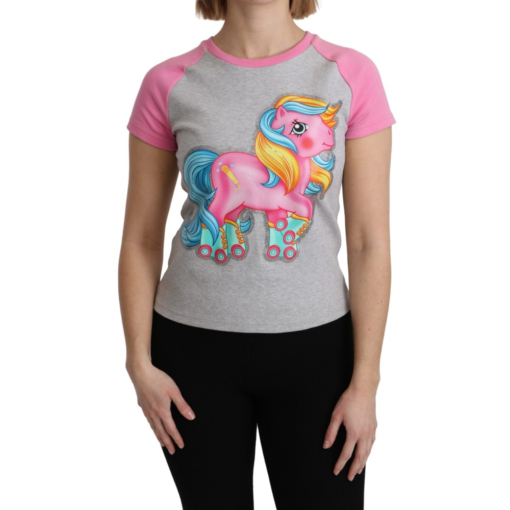 Moschino Schickes graues Baumwoll-T-Shirt mit Rundhalsausschnitt und rosa Akzenten