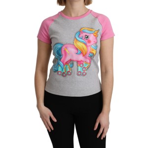 Moschino Schickes graues Baumwoll-T-Shirt mit Rundhalsausschnitt und rosa Akzenten