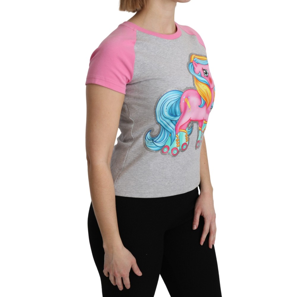 Moschino Schickes graues Baumwoll-T-Shirt mit Rundhalsausschnitt und rosa Akzenten