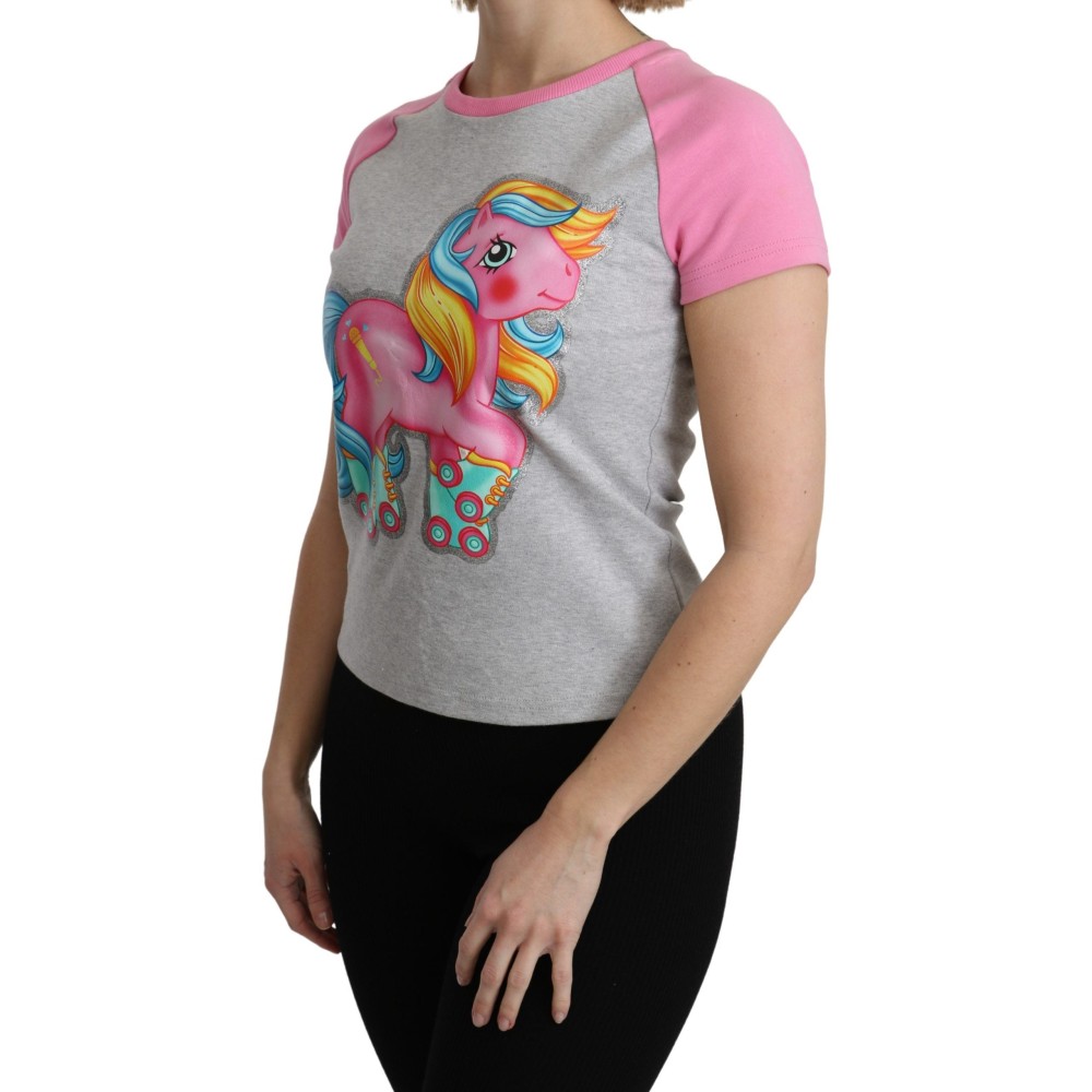 Moschino Schickes graues Baumwoll-T-Shirt mit Rundhalsausschnitt und rosa Akzenten