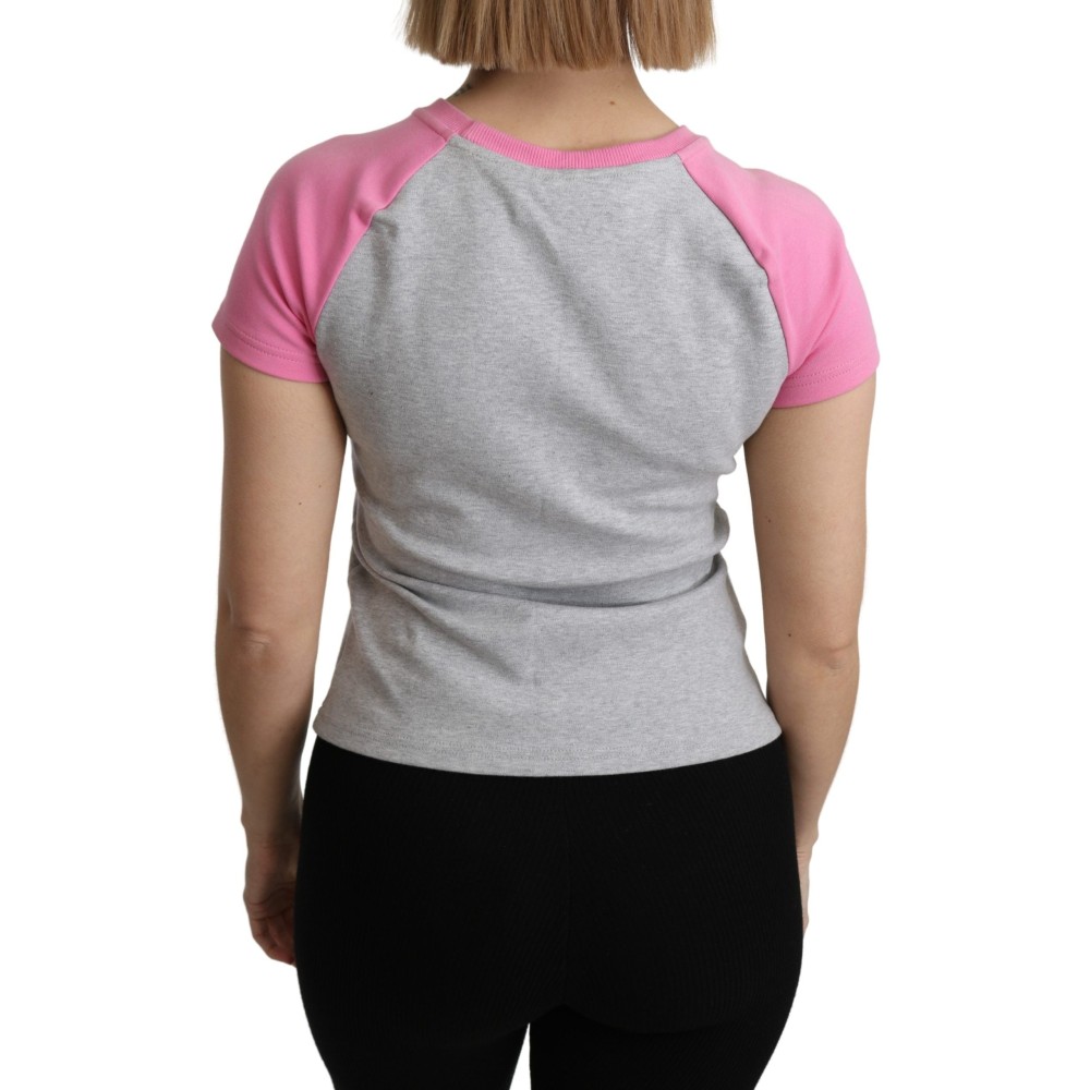 Moschino Schickes graues Baumwoll-T-Shirt mit Rundhalsausschnitt und rosa Akzenten