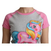 Moschino Schickes graues Baumwoll-T-Shirt mit Rundhalsausschnitt und rosa Akzenten
