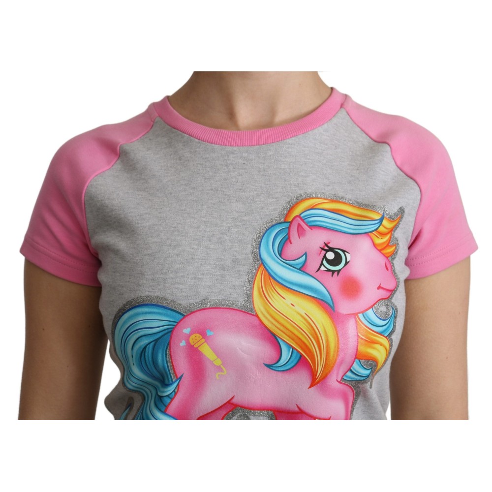Moschino Schickes graues Baumwoll-T-Shirt mit Rundhalsausschnitt und rosa Akzenten