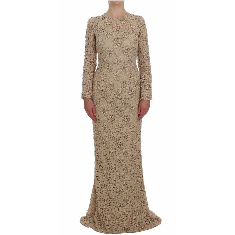 Dolce & Gabbana Beigefarbenes langärmeliges Maxikleid mit floraler Spitze